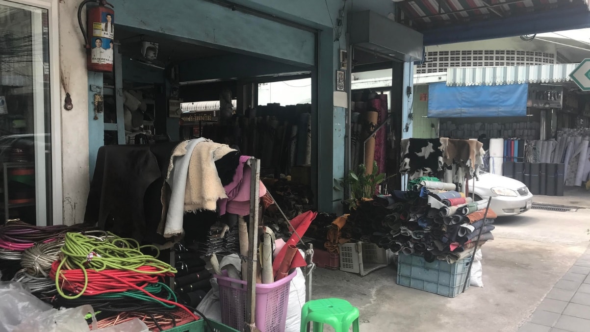 Leather scraps and bulk leather for sale in Bangkok's Wong Wian Yai area
