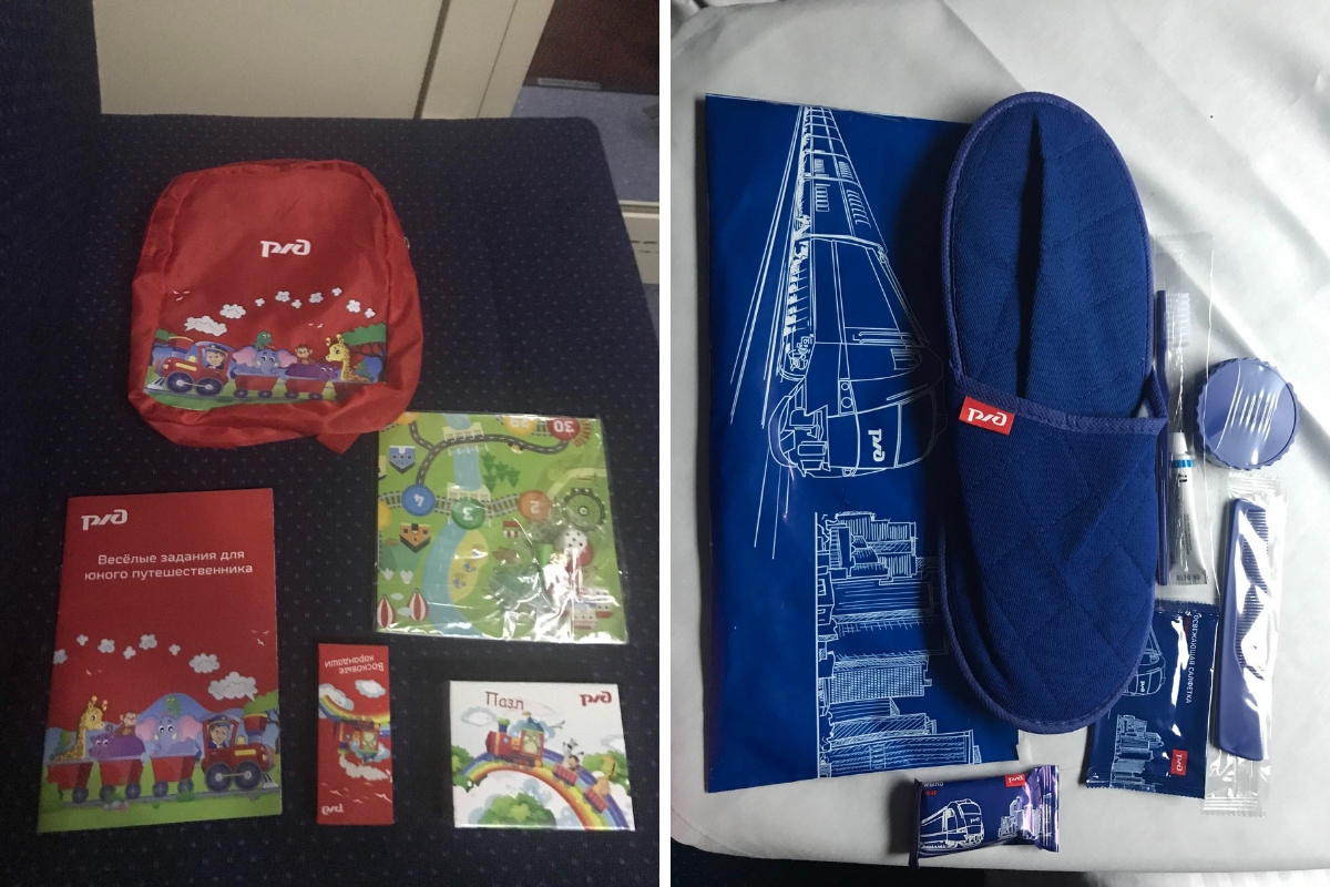 Goodie bag and toiletry bag on the transiberian railroad